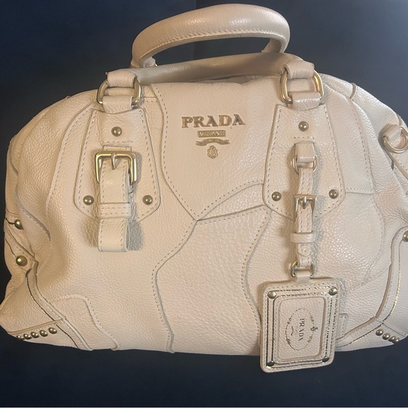 Prada Handbags - Prada Cream Leather Satchel with Gold Accents